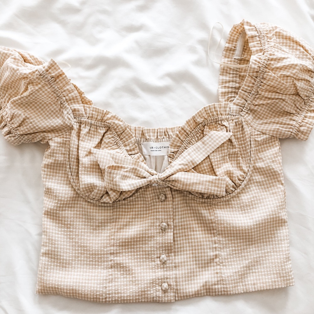 Mable - Beige Gingham Puff Sleeve Bustier Top
